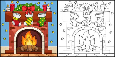This coloring page shows a Christmas Fireplace with Stocking. One side of this illustration is colored and serves as an inspiration for children.