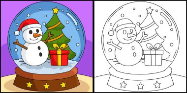 This coloring page shows a Christmas Snow Globe. One side of this illustration is colored and serves as an inspiration for children.
