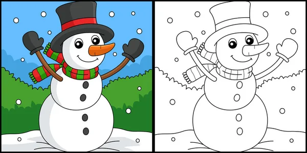 This coloring page shows a snowman. One side of this illustration is colored and serves as an inspiration for children.
