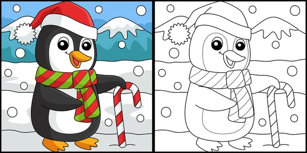 Coloring Page Shows Hristmas Santa Penguin One Side Illustration Colored — ストックベクタ