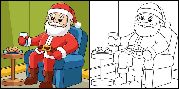 Coloring Page Shows Christmas Santa Sitting Chair One Side Illustration — Stock vektor