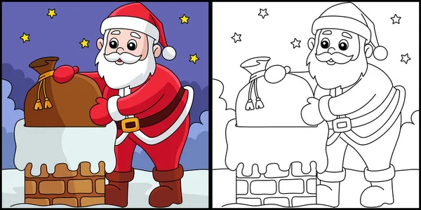 Coloring Page Shows Christmas Santa Chimney One Side Illustration Colored — Stockvector