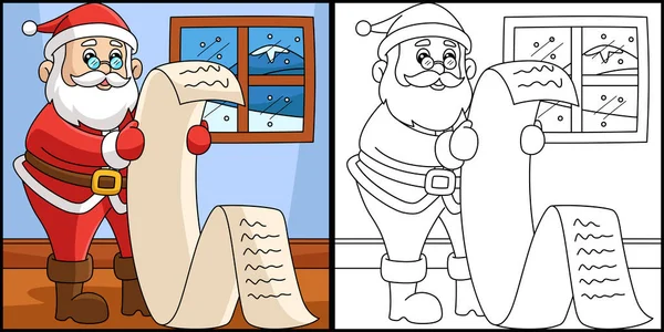 This coloring page shows a Christmas Santa Claus. One side of this illustration is colored and serves as an inspiration for children.