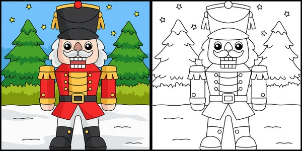 This coloring page shows a Christmas Nutcracker. One side of this illustration is colored and serves as an inspiration for children.