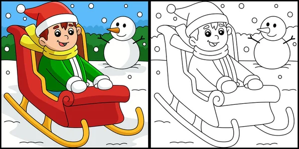 Coloring Page Shows Christmas Boy Riding Sleigh One Side Illustration — ストックベクタ