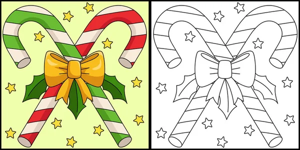 This coloring page shows a Christmas Candy Cane. One side of this illustration is colored and serves as an inspiration for children.