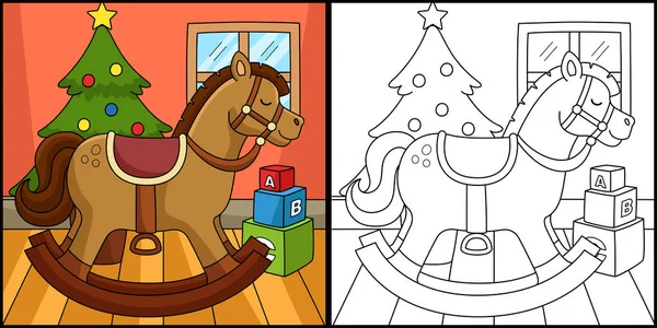 Coloring Page Shows Christmas Rocking Horse One Side Illustration Colored — Stockový vektor