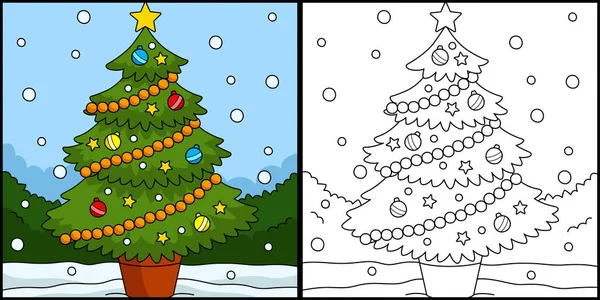 Coloring Page Shows Christmas Tree One Side Illustration Colored Serves — Stock Vector