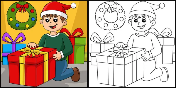 Coloring Page Shows Christmas Boy Opening Gift One Side Illustration — Stock vektor