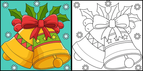 This coloring page shows a Christmas Bell. One side of this illustration is colored and serves as an inspiration for children.