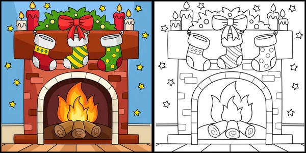 This coloring page shows a Christmas Fireplace with Stocking. One side of this illustration is colored and serves as an inspiration for children.