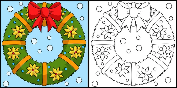 This coloring page shows a Christmas wreath. One side of this illustration is colored and serves as an inspiration for children.