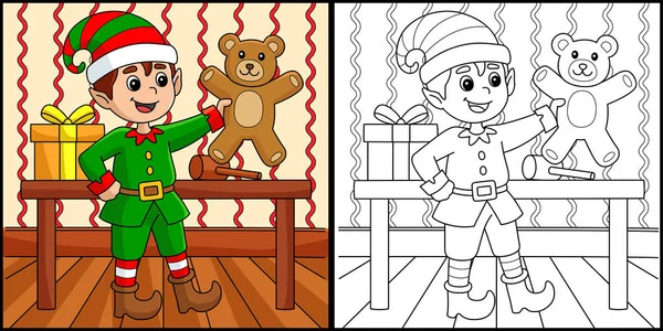 Coloring Page Shows Christmas Elf One Side Illustration Colored Serves — Stockvector