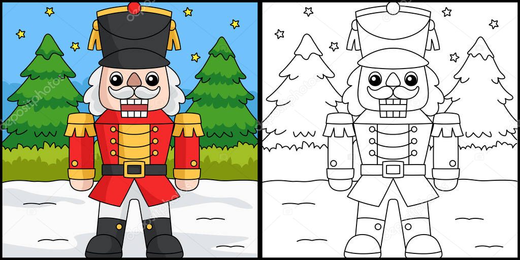 This coloring page shows a Christmas Nutcracker. One side of this illustration is colored and serves as an inspiration for children.