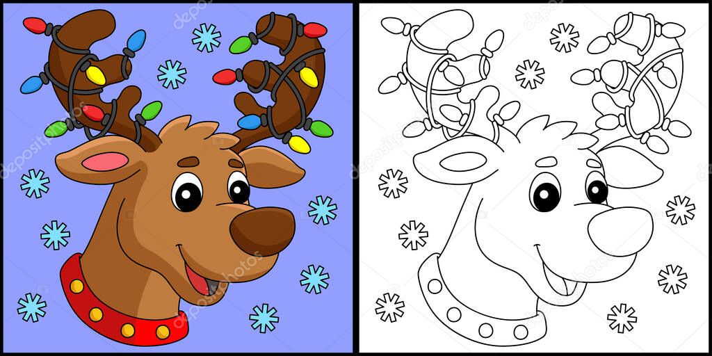 This coloring page shows a Christmas Reindeer Head. One side of this illustration is colored and serves as an inspiration for children.