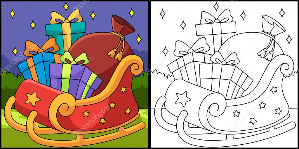 This coloring page shows a Christmas Sleigh. One side of this illustration is colored and serves as an inspiration for children.