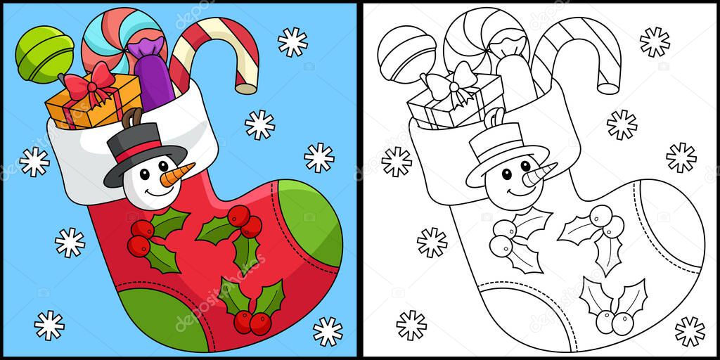 This coloring page shows a Christmas Stacking. One side of this illustration is colored and serves as an inspiration for children.