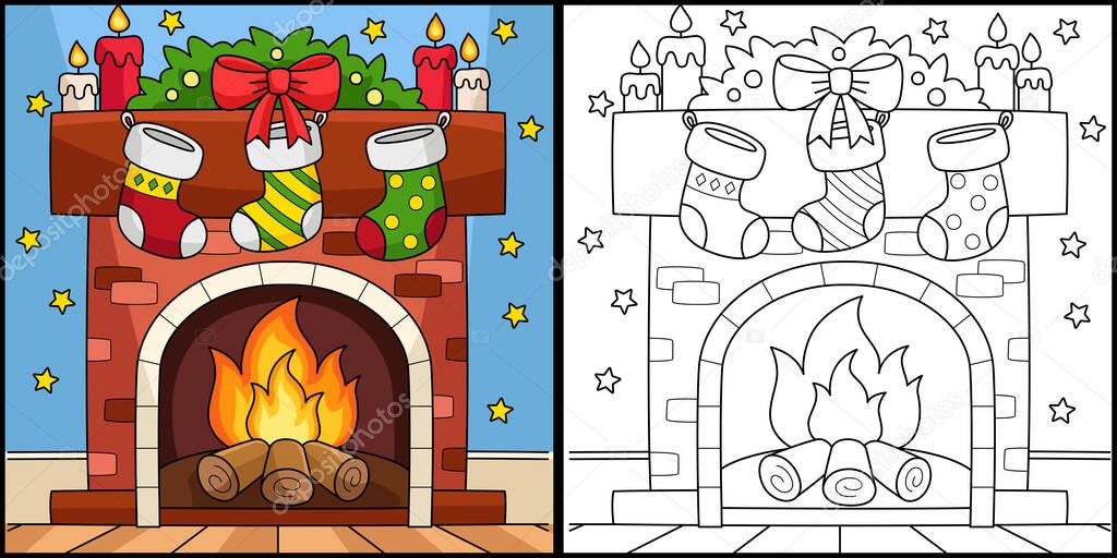 This coloring page shows a Christmas Fireplace with Stocking. One side of this illustration is colored and serves as an inspiration for children.