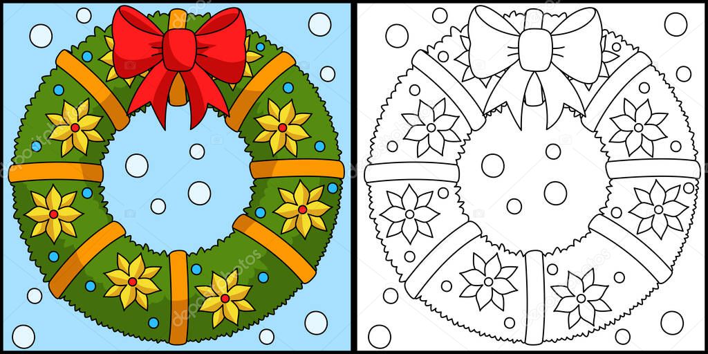 This coloring page shows a Christmas wreath. One side of this illustration is colored and serves as an inspiration for children.