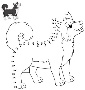 A cute and funny connect the dots coloring page of a siberian husky. Provides hours of coloring fun for children. To color, this page is very easy. Suitable for little kids and toddlers.