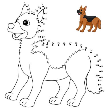 A cute and funny connect the dots coloring page of a German Shepherd. Provides hours of coloring fun for children. To color, this page is very easy. Suitable for little kids and toddlers.