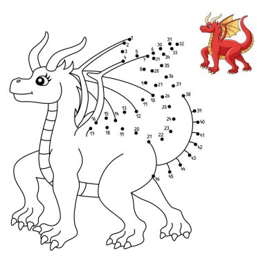 A cute and funny connect the dots coloring page of a walking female dragon. Provides hours of coloring fun for children. To color, this page is very easy. Suitable for little kids and toddlers.