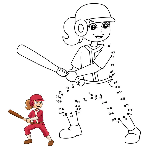 Cute Funny Connect Dots Coloring Page Girl Playing Baseball Provides – stockvektor