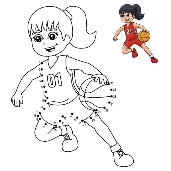 Cute Funny Connect Dots Coloring Page Girl Playing Basketball Provides — Vector de stock