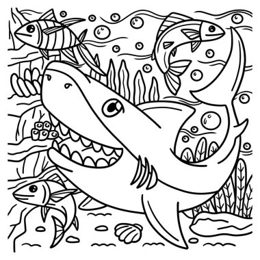A cute and funny coloring page of a Great White Shark. Provides hours of coloring fun for children. To color, this page is very easy. Suitable for little kids and toddlers.