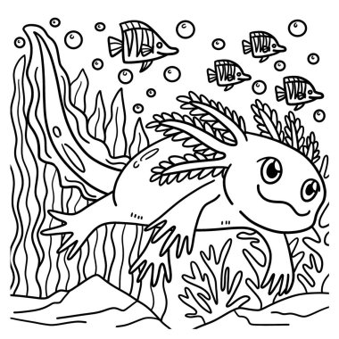 A cute and funny coloring page of a Axolotl. Provides hours of coloring fun for children. To color, this page is very easy. Suitable for little kids and toddlers.