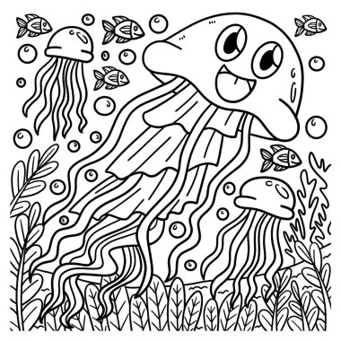 Bir denizanasının sevimli ve komik renkli sayfası. Çocuklar için saatlerce boyama eğlencesi sağlıyor. Renklendirmek için, bu sayfa çok kolaydır. Küçük çocuklar ve yeni yürümeye başlayanlar için uygun..