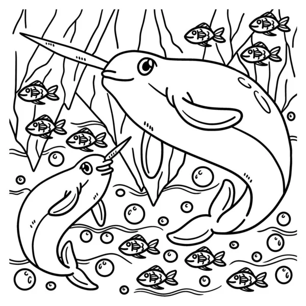 Cute Funny Coloring Page Narwhal Provides Hours Coloring Fun Children — Vettoriale Stock