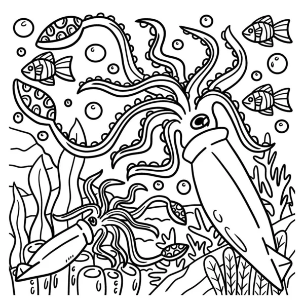 Cute Funny Coloring Page Giant Squid Provides Hours Coloring Fun — ストックベクタ