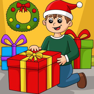 This cartoon clipart shows a Christmas Boy Opening Gift illustration.