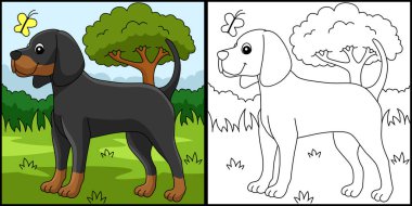 This coloring page shows a Coonhound Dog. One side of this illustration is colored and serves as an inspiration for children.