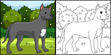 This coloring page shows a Great Dane. One side of this illustration is colored and serves as an inspiration for children.