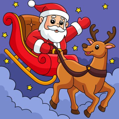 This cartoon clipart shows a Christmas Santa Sleigh And Reindeer illustration.