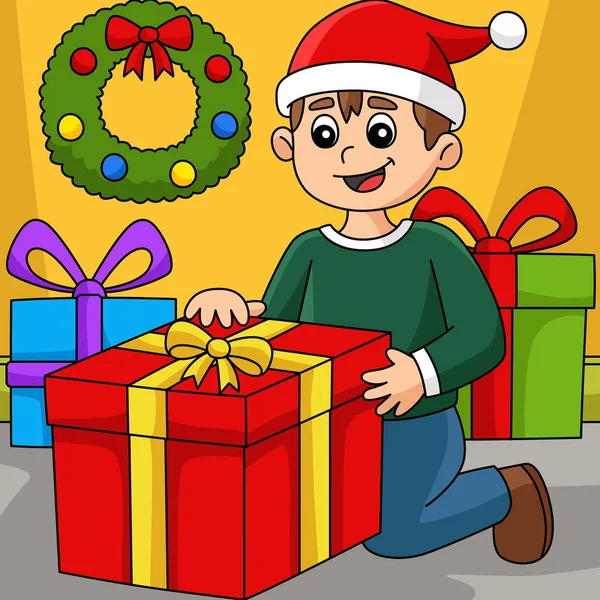 Cartoon Clipart Shows Christmas Boy Opening Gift Illustration — Archivo Imágenes Vectoriales