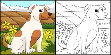 This coloring page shows a Jack Russell Terrier. One side of this illustration is colored and serves as an inspiration for children.