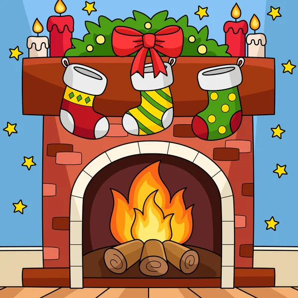 Cartoon Clipart Shows Christmas Fireplace Stocking Illustration — 图库矢量图片