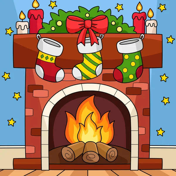 This cartoon clipart shows a Christmas Fireplace with Stocking illustration.
