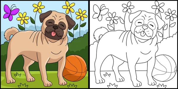 This coloring page shows a Pug Dog. One side of this illustration is colored and serves as an inspiration for children.