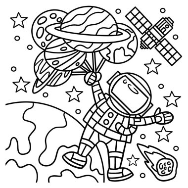 A cute and funny coloring page of an Astronaut Holding Balloon Planet. Provides hours of coloring fun for children. Color, this page is very easy. Suitable for little kids and toddlers.