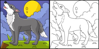 This coloring page shows a Wolf Animal. One side of this illustration is colored and serves as an inspiration for children.