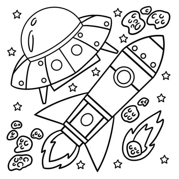Симпатичная Смешная Раскраска Страницы Нло Ракетного Корабля Космосе Обеспечивает Детям — стоковый вектор