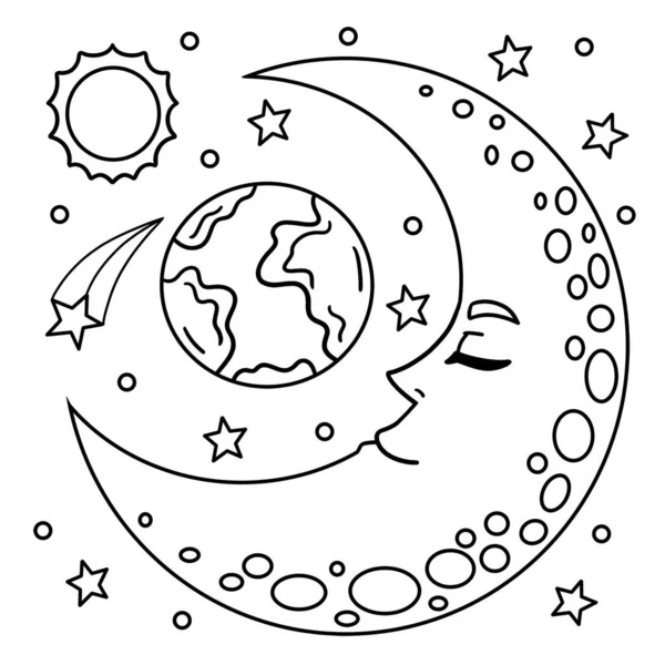 Cute Funny Coloring Page Sleeping Crescent Moon Provides Hours Coloring — Stock Vector