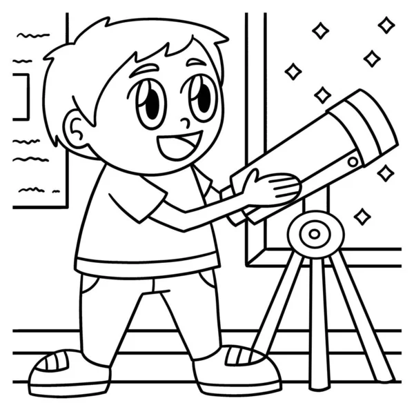 Cute Funny Coloring Page Boy Using Telescope Provides Hours Coloring — Stockvektor