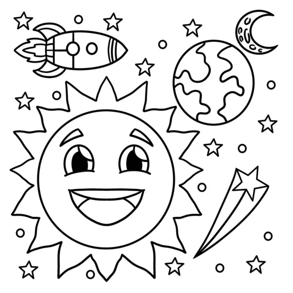 Cute Funny Coloring Page Happy Sun Space Provides Hours Coloring — Stockový vektor