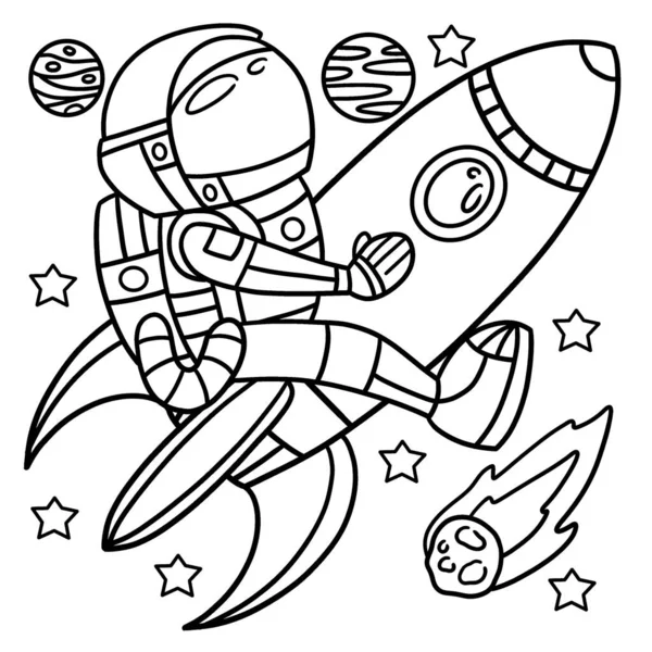 Cute Funny Coloring Page Astronaut Riding Rocket Ship Provides Hours — Stock vektor