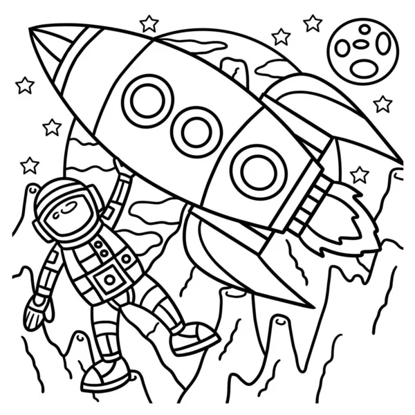 Cute Funny Coloring Page Astronaut Space Rocket Ship Provides Hours —  Vetores de Stock